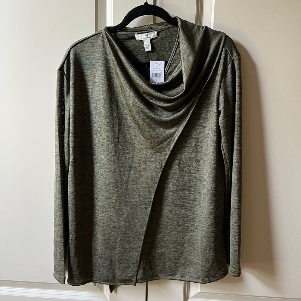 NWT H by Halston Moss Green Crossover front Cowl Neck Long Sleeve Top